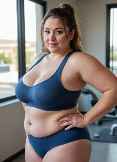 a very chubby 40yo attractive woman with stretch marks in a high-waisted sport outfit, fat huge bust, looking at the camera, 45° sideview, full waistline, full figured, large fat butt, chubby happy face