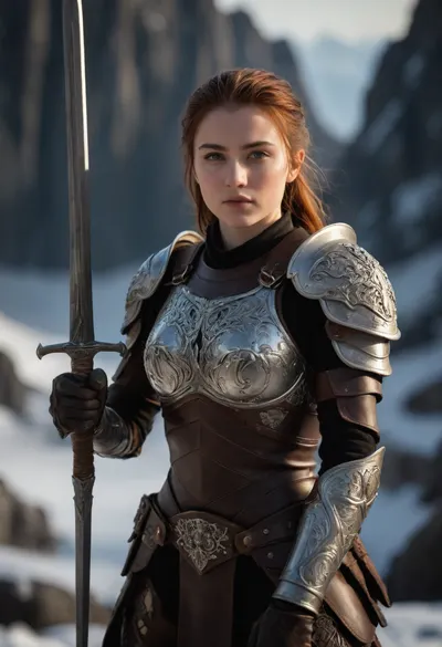 On a distant, icy planet, (a stunning and fierce 24-year-old warrior stands poised for combat. She wears intricately detailed leather armor:1.4), (with numerous cutouts:1.5), that reveal glimpses of her skin, and the craftsmanship is photorealistic and highly detailed. Her hair and face are rendered with exquisite clarity, capturing her determination and strength. In her hand, she wields a finely crafted sword, adding to her warrior presence. In the background, an alien creature lurks, slightly blurred to emphasize the warrior’s sharp focus and create a cinematic atmosphere. The entire scene blends high detail with a dramatic, icy backdrop, creating a striking and immersive visual, (ziprealism:1.3), 22 years old, sunshine in face, ultra-sharp details, realistic skin texture, natural soft light, refined contrast, 8k detail, authentic facial expression, clean composition, (maximum photo quality:1.4), (maximum resolution:1.5), <lora:EnvyHazeSliderXL01:.8>