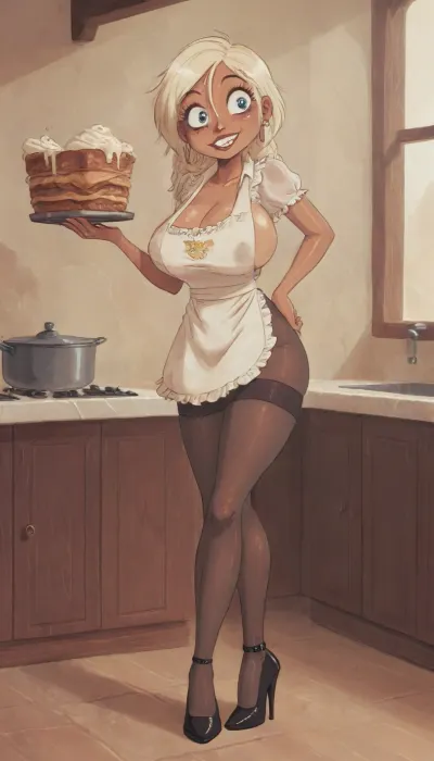 Beautiful MILF, (Jack cayless art), Cute pantyhose dominatrix girl, (Huge very firm breast), half front side view, massive cleavage, suspenders, kitchen apron, blouse, skirt, tan glossy seamed pantyhose, pantyhose with sheer denier 20 and silky oily shimmer, waistband, she winks, dirndl dress, tiny woman, surprised duck face expression, pulls one breast out of bra, full view, she carries a tray, lets her breasts out of her blouse, lifts apron, 6 inches high heels with very elongated narrow sharp pointed shoe tip, hairy bush, stiletto high heels with very thin heel and extreme pointed toe, makeup, cream on her breast nipple, very hairy vulva, ruffles, dirt blonde, hair braids, restaurant, seducing, teasing smirk, horny girl, booty ass, evil teasing smile, tan, (cartoon), tooned, cartoon, low color palette, painted, illustration, made in illustrator, no gradients, incase style, concept, retro, futuristic, flat colors, masterpiece, <lora:ratatatat74-000050:.9>, <lora:outline_xl_kohaku_delta_spv5x:.5>, <lora:cartoon_stickers_xl_v1:.6>, <lora:NEOTOKIOXL_0.2_RC:.4>, <lora:DetailedEyes_V3:.6>