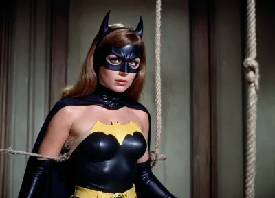 1960's Batman TV series, 35mm color film. Batgirl is tied up with ropes and her ample chest is exposed. Batman ponders if he should release her.