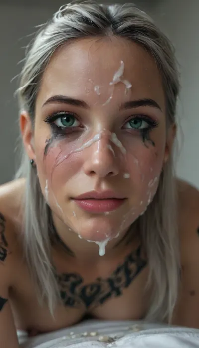 Cinematic still, (18yo woman), submissive, horny, cute, gorgeous, freckles, ((slim:1.4)), ((muscular:1.3)), (black mystical body tattoos:1.5), perfect round breasts, nipple piercing, dark makeup, eyeliner, eyeshadow, mascara, long eyelashes, slim waist, nude, black stockings, black choker, very long white hair, striking facial features, (green eyes), smiling eyes, narrow face, wet skin, silver jewelry, on bed in a bright bedroom, (crawling over the viewer:1.5), (((looking directly to the viewer))), (cum on face:1.9), mouth closed, kiss mouth, (ruined makeup:1.2), (ruined hairstyle:1.5), cum on tits, cum dripping, devot, (closeup face:1.7), view from below, 4k epic detail, shot on kodak, 35mm photo, sharp focus, high budget, cinemascope, moody, epic, film grain, grainy, score_9, score_8_up, score_7_up, rating, explicit, big_eyes, but, <lora:style_lora_realis:2>, <lora:BUT_SDXL_SHS:2>, <lora:SDXLHighDetail_v6-000005:2>