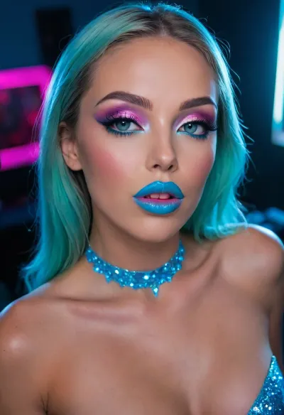 full-length photo
markgavatino art style, (Masterpiece), (ultra high definition), sexy robot with robot face, (hyper fully robotic girl), Beautiful, long dark BLUE hair, natural breasts, and white eyes., (((cyan shiny hyper glowing neon pussy lips))), (B3YOND_STYLE_MECHA), (hyper spread pussy, hyper gaping pussy), ((makeup:1.5), long blue eyelashes, olive eyeshadow with glitter), (lips:1.2), pink lipstick, seducing smirks. At the final stage, the cameraman finished on the woman's face makeup., makeup, eyeliner, eyelashes, <lora:Modern_MakeUp_XL_v0_1:2>