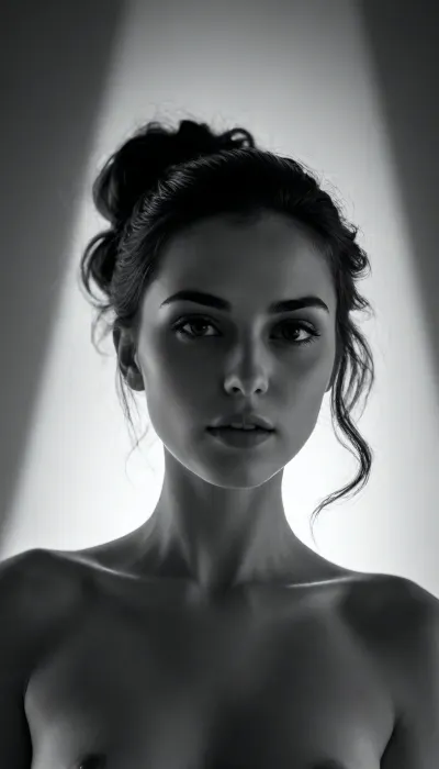 Create a striking black-and-white optical illusion based entirely on dramatic lighting, sculpted shadows, and smooth gradients. The central element is a 22-year-old, stunningly beautiful woman whose presence emerges from the interplay of light and darkness. Her appearance should be partially real and partially suggested, from one perspective, her face and body are clearly visible, but from another, they dissolve into abstract shadow shapes that could be interpreted as different objects, animals, or patterns. Use soft, atmospheric lighting that creates fluid transitions between illuminated areas and deep shadows. The woman’s silhouette should be formed in a way that her features appear only when the viewer focuses on specific shadow clusters. Her hair, pose, and expression should radiate elegance, but without breaking the illusion—everything must feel as though it is formed naturally by shadow gradients rather than explicit outlines. The composition should evoke the feeling of a mysterious stage or a dimly lit room where the light source creates ambiguous forms on the walls. The illusion must constantly shift depending on which shadow the viewer follows, making her alternately visible, hidden, or reinterpreted as an entirely different shape.