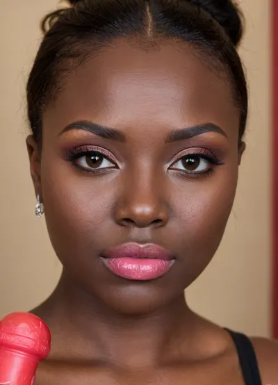 Ultra-realistic, perfect natural skin texture, realistic skin pores, professional photography, best shadow, 8K resolution, UHD, clear image, extremely complex details, ultra-high definition, ultra-sharp textures, full dynamic range, deep contrast, high definition, smooth gradients, full body view, full face, young Nigerian girl, 18 years old., (black skin:2), (hairstyle, straight bangs, ponytail, multicolored hair), (beautiful curvy face, perfect thick lips:1.3), (intricate green eyes), (dark pink lipstick), cute makeup, (legs wide apart, (pussy spread), (red dildo:1.5), curvy face), (perfect small breasts, perfect big ass, thick thighs, chubby body, wide hips), (oiled body:1.5), (perfectly shaved pussy:1.4), (and pink tattoo in the form of a horse on the pubis:1.6), ((perfect purple vagina:1.3)), (piercing in a nautical style, African jewelry, gold jewelry, necklace, suspenders on the arms), (spread pussy, gaping pussy), ((makeup:1.5), long blue eyelashes, olive eyeshadow with glitter), (lips:1.2), pink lipstick, seducing smirks. At the final stage, the cameraman finished on the woman's face makeup., makeup, eyeliner, eyelashes