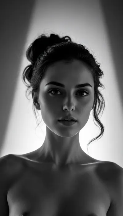 Create a striking black-and-white optical illusion based entirely on dramatic lighting, sculpted shadows, and smooth gradients. The central element is a 22-year-old, stunningly beautiful woman whose presence emerges from the interplay of light and darkness. Her appearance should be partially real and partially suggested, from one perspective, her face and body are clearly visible, but from another, they dissolve into abstract shadow shapes that could be interpreted as different objects, animals, or patterns. Use soft, atmospheric lighting that creates fluid transitions between illuminated areas and deep shadows. The woman’s silhouette should be formed in a way that her features appear only when the viewer focuses on specific shadow clusters. Her hair, pose, and expression should radiate elegance, but without breaking the illusion—everything must feel as though it is formed naturally by shadow gradients rather than explicit outlines. The composition should evoke the feeling of a mysterious stage or a dimly lit room where the light source creates ambiguous forms on the walls. The illusion must constantly shift depending on which shadow the viewer follows, making her alternately visible, hidden, or reinterpreted as an entirely different shape.