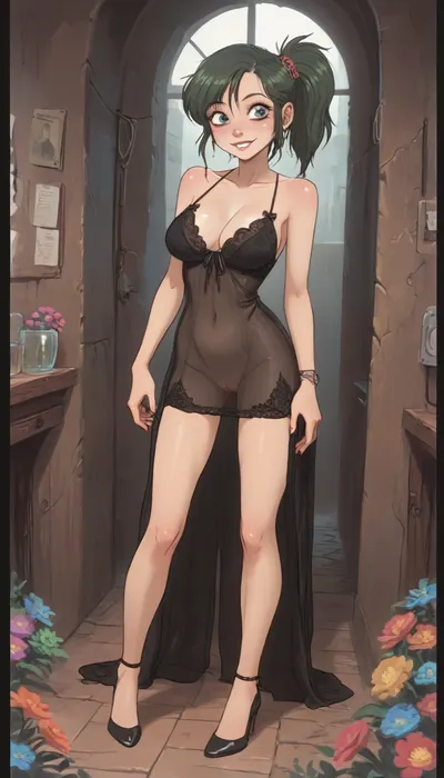 Beautiful MILF, (Jack cayless art style), green hair, high side ponytail, makeup, smiling, perfect eyes, full figure in black transparent gown, micro skirt, (Smooth pussy), Tight lace blouse, cameltoe, (long beautiful legs), stilettos, intricate baroque interior, colourful flowers, (cartoon), tooned, cartoon, low color palette, painted, illustration, made in illustrator, no gradients, incase style, concept, retro, futuristic, flat colors, masterpiece, <lora:ratatatat74-000050:.9>, <lora:outline_xl_kohaku_delta_spv5x:.5>, <lora:cartoon_stickers_xl_v1:.6>, <lora:NEOTOKIOXL_0.2_RC:.4>, <lora:DetailedEyes_V3:.6>