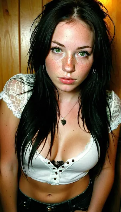 24 year old emo with very sexy, girl wearing snug clothing accentuating her big and sexy bust bcy chest, snug shirt that makes her boobs look very big, extremely sexual curves, tiny waist, tight waist, microwaist, large bust, wide hips, fertile hips, skinny and lean physique. Sensual Emo female body. Long black hair framing a cute freckled face, very long straight flat hair, freckled face, freckled cheeks, beautiful freckles. Has green colored eyes, ., white shirt with black lace sleeves, early 2000's emo attire, wearing emo clothing from the early 2000's, ripped skinny jeans, low-rise skinny jeans, full length skinny jeans. Dynamic lighting, natural lighting, key light, side light, . early 2000's Myspace profile pic selfie, kissy face selfie, standing up, good posture. score_10_up, score_9_up, score_8_up, score_7_up., <lora:add-detail-xl:2>, <lora:MJ52:2>, <lora:WildcardX-XL-Detail-Enhancer:2>, <lora:Adjust_SDXL_v3.0:2>, <lora:eGirls_XL_v1:2>