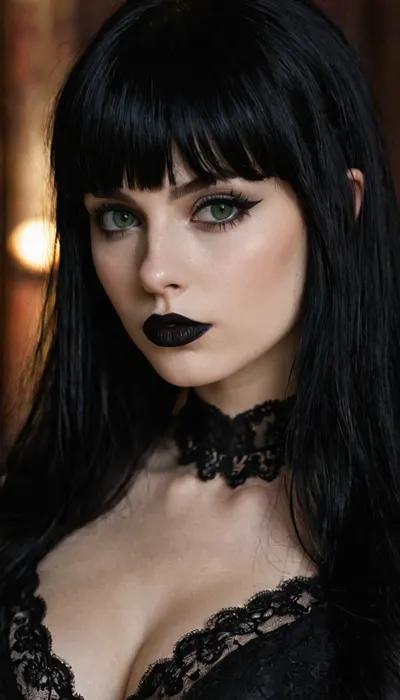 gothic, goth, pale skin, dark green eyes, black hair, bangs hair, black eyeliner, (black lipstick), white skin, perfect eyes, small eyes, detailed eyes, small nose, good anatomy, ultra detailed, high resolution, small breasts, slut face, whore, (ahegao:1), sexy posing, (illustration:1), (hand drawn:1)