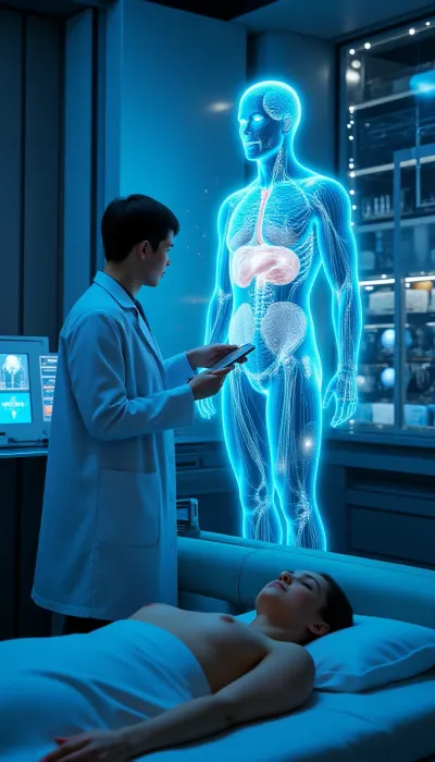 futuristic medical bay with clean metallic architecture, illuminated by cool blue ambient light and hologram reflections, a massive glowing holographic anatomical figure fills the central frame, layered with rotating organ clusters, neural diagrams, floating UI symbols, and volumetric scan grids, the doctor stands clearly in view on the left side, holding a sleek diagnostic tablet while interacting with the hologram, the doctor is illuminated by hologram glow and soft overhead medical lighting, in the background, advanced sci-fi medical equipment, transparent storage units, energy-based diagnostic panels, and sterile alloy surfaces provide environment context, the patient lies on a medical platform at the bottom frame, calm, upper body visible only, covered by a futuristic white medical drape, camera, slightly wider shot to include both doctor and environment, hologram remains central and dominant, patient cropped to shoulders and head, no lower body visible, clean stable framing, lighting, strong holographic primary glow, secondary cool-blue overhead lighting, subtle reflections on doctor’s coat and metallic surfaces, volumetric light shafts from hologram, details, futuristic diagnostic consoles, floating holographic UI layers, transparent medical displays, subtle particles in the air, natural skin texture on patient’s visible areas, sharp hologram clarity