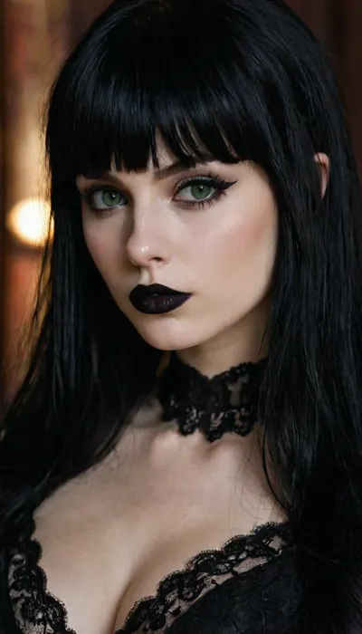gothic, goth, pale skin, dark green eyes, black hair, bangs hair, black eyeliner, (black lipstick), white skin, perfect eyes, small eyes, detailed eyes, small nose, good anatomy, ultra detailed, high resolution, small breasts, slut face, whore, (ahegao:1), sexy posing, (illustration:1), (hand drawn:1)