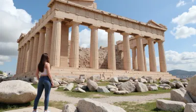 (high-quality photo:1.2), a young woman strolls through the ruins of the Acropolis, looking at the Parthenon, (ancient architecture:1.3), Acropolis, Athens, (wide angle view:1.1), summer day, midday light, blue sky with white clouds, (bright and fresh:1.1), (natural light:1.2), grass, historical ruins, detailed background, realism, architectural masterpiece, (natural bright colors:1.1)