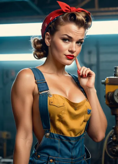 35mm, Playboy photoshoot. Rosie the Riveter winking at the camera in overalls, showing off her muscles, cyberpunk aesthetic, cinematic, 8k, hyperdetailed., beautypinupart, 1girl, <lora:PinupManiaXL_V1.0:.8>