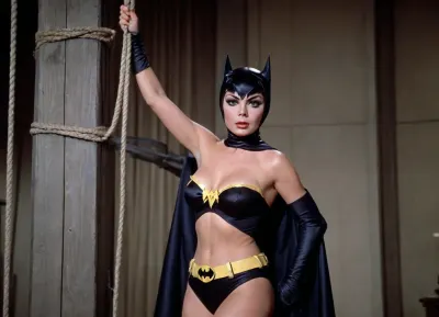 1960's Batman TV series, 35mm color film. Full body shot, Yvonne Craig playing Batgirl is tied up with ropes and her ample chest is exposed. Batman arrives to save Batgirl.