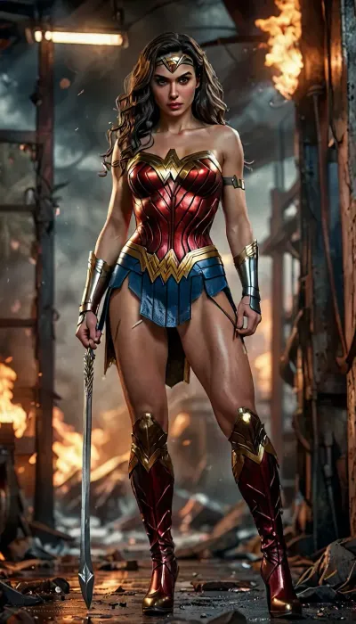 8k, score_9, score_8_up, score_7_up, FILM PHOTOGRAPHY STYLE, cinematic photography of a woman, professional portrait photo realism, rake style, DC comics wonder woman, wonder woman costume, wonder woman skirt, wonder woman boots, high heel, big tits, long slender legs, narrow waist, narrow hips, narrow calves, elastic buttocks, fiery background, full body view, <lora:detailed_notrigger:2>, <lora:add-detail-xl:.8>, <lora:LCMTurboMix_Euler_A_fix:.8>, <lora:style_lora_realis:.8>