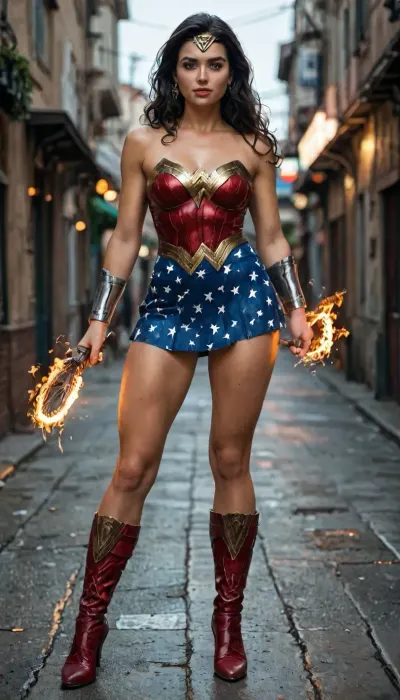 8k, score_9, score_8_up, score_7_up, FILM PHOTOGRAPHY STYLE, cinematic photography of a woman, professional portrait photo realism, rake style, DC comics wonder woman, wonder woman costume, wonder woman skirt, wonder woman boots, high heel, big tits, long slender legs, narrow waist, narrow hips, narrow calves, elastic buttocks, fiery background, full body view, <lora:detailed_notrigger:2>, <lora:add-detail-xl:.8>, <lora:LCMTurboMix_Euler_A_fix:.8>, <lora:style_lora_realis:.8>