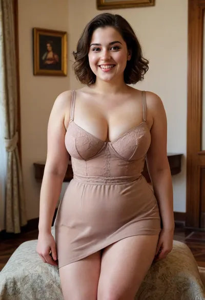 young chubby woman, With her smile, she does not lose control. In the art of her perverse game, she lifts her skirt and slowly slides her fingers to remove her thong and stretch the suspenders of her dress. She crossed her legs, moved them and lifted first one, then the other to show my mischievous instinct. In her short skirt, the lines of her curves formed at the waist and a little further towards the centre, the altar of her intimate and divine dwelling., <lora:Chubby BBW - XL:1.8>