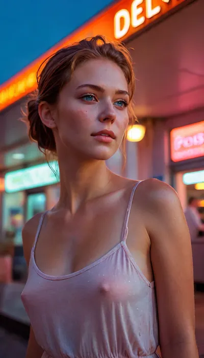 A beautiful English woman, graceful, outside a neon diner at night all bathed in the warm golden hues of a breathtaking sunset, the sky has a blue pink orange and red tones with dramatic clouds. viewed from below, low camera angle, dynamic angle, (perfect face:1.5), (perfect nose:1.5), wearing a sleeveless dress with spaghetti straps, delicate fabric flowing in the soft evening breeze, gentle sunset light, smart auburn hair tied into a loose bun, sun-kissed skin, tan lines, 28 years old looking at the camera. Full body view, hair pulled back into a short, ponytail, slicked back hair. She looks lovingly at the person behind the camera. It is a summer evening and the scene is bathed in neon light, which reflects of the wet ground. It is hot and she is sweating profusely her skin is glistening. She looks down at the camera. She in painfully thin.
Hollywood ‘A lister’.
Auburn hair, you’re able to see her skin hairs and follicles. braless, Wearing, clothes, that, make, sense, with, Braless>, ashlynn_spektre_xl, a, photo, of, in, the, style, liam-wong, <lora:Midjourney Image Enhancer XL v1:1.5>, <lora:bralessSDXL_v1_00022:1.3>, <lora:detailed_notrigger:1.5>, <lora:()Ashlynn Spektre XL:1.8>, <lora:liam-wong-sdxl-v1-000064:2>