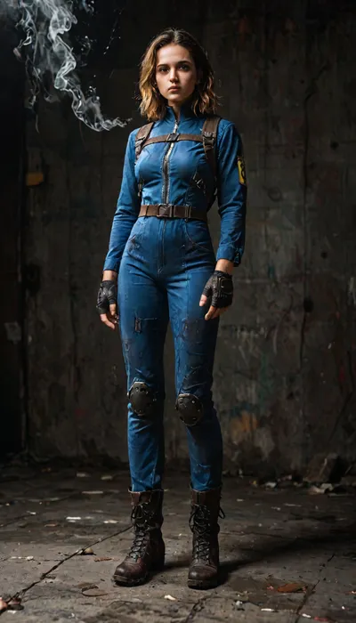 8k, score_9, score_8_up, score_7_up, Cinematic still the viewer looks down at a submissive girl, FILM PHOTOGRAPHY STYLE, cinematic photography of a woman, professional portrait photo realism, Fallout, Vault Girl, blue jumpsuit with leather shoulder harness and leather protective pads, long legs, symbolism, full-length, sketch, graphic, gray-brown, black background, smoke, cell-shading, traces of movement visualization, acceleration effect, Wet watercolor sketch streaks, Cyberpunk, Grunge, The harsh strokes of eroticart, Arush Votsmush, <lora:detailed_notrigger:2>, <lora:add-detail-xl:.8>, <lora:LCMTurboMix_Euler_A_fix:.8>, <lora:style_lora_realis:.8>