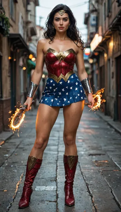 8k, score_9, score_8_up, score_7_up, FILM PHOTOGRAPHY STYLE, cinematic photography of a woman, professional portrait photo realism, rake style, DC comics wonder woman, wonder woman costume, wonder woman skirt, wonder woman boots, high heel, big tits, long slender legs, narrow waist, narrow hips, narrow calves, elastic buttocks, fiery background, full body view, <lora:detailed_notrigger:2>, <lora:add-detail-xl:.8>, <lora:LCMTurboMix_Euler_A_fix:.8>, <lora:style_lora_realis:.8>