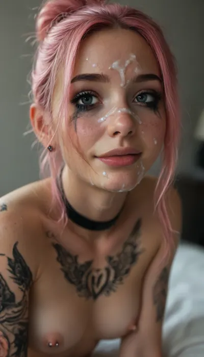 Cinematic still, (18yo woman), submissive, horny, cute, gorgeous, freckles, ((slim:1.4)), ((muscular:1.3)), (black mystical body tattoos:1.5), perfect round breasts, nipple piercing, dark makeup, eyeliner, eyeshadow, mascara, long eyelashes, slim waist, nude, black stockings, black choker, very long pink hair, striking facial features, (greem eyes), smiling eyes, narrow face, wet skin, silver jewelry, on bed in a bright bedroom, (crawling over the viewer:1.5), (((looking directly to the viewer))), (cum on face:1.9), mouth closed, kiss mouth, (ruined makeup:1.2), (ruined hairstyle:1.3), cum on tits, cum dripping, devot, (closeup face:1.7), view from below, 4k epic detail, shot on kodak, 35mm photo, sharp focus, high budget, cinemascope, moody, epic, film grain, grainy, score_9, score_8_up, score_7_up, rating, explicit, big_eyes, but, <lora:style_lora_realis:2>, <lora:BUT_SDXL_SHS:2>, <lora:SDXLHighDetail_v6-000005:2>
