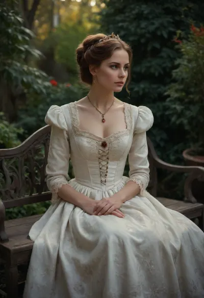 portrait of Anastasia Romanov, backyard garden, marble bench, sitting, Victorian dress, cleavage, fancy up-do hairstyle