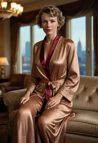 cute portrait of Amelia Earhart, full body, hotel penthouse lounge, overstuffed couch, ornate decorations, skyline, (1920s), (silk robe)