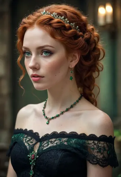 photograph, digital art, fantasy style, beautiful red-haired woman, long curly hair, braided crown, fair skin, freckles, green eyes, delicate features, wearing black off-shoulder dress with lace trim, beaded necklace, ornate earring, looking over shoulder, soft light, dark textured background, ethereal, fantasy character, intricate hair details, realistic texture, fantasy portrait, romantic, mystical, detailed, elegant, soft focus, dreamy atmosphere. /©KlTTY-ART/