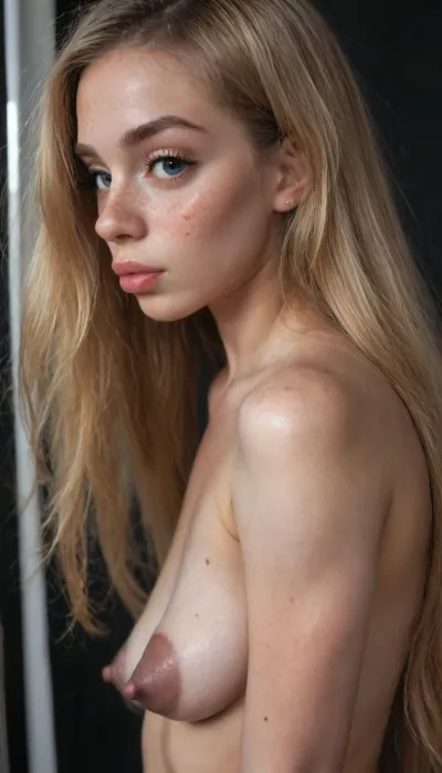 (Eboni black background), Fat blonde, 40 years old, saggy belly, saggy breasts, long hair, big nose, freckles on face, (dark areola:1.4), (dark vagina:1.2), (huge thick vagina:1.1), (large vagina:1), (saggy vagina:1.3), (skinny), (big space eyes), long high hair, hd, one leg is raised and bent at the knee, (big vagina:1.1), (long round nipples:1.2), (very petite:1), (((big long eyelashes))), (((moles freckles spots all over body))), (((puffy nipples, mini nipples, neat nipples))), (puffy nipples:1.5), pretty face, (simple makeup), big round eyes, top view, (side view:1.4), (((shiny shiny tits))), (Long conical tits), (maximum photo quality:1.4), (ultrarealistic photo:1.4), (maximum realism:1.4), (maximum resolution:1.4), (maximum hand quality:1.4), (maximum finger quality:1.4), (best finger detail:1.4), clothes, puffy, nipples, dark, ghost, wide, flat, chested, <lora:Saggo_XL:1.7>, <lora:Nipples XL:1.3>, <lora:flat_chested_v3.5:1>, <lora:ahxl_v1:1.4>