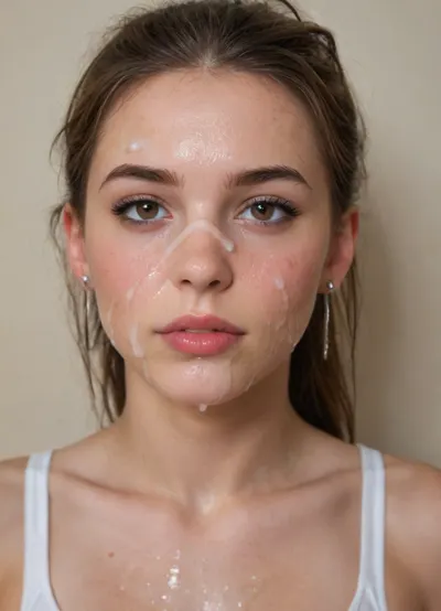 Ultra-realistic portrait, ((macro Closeup bukkake face)), camera very very close to face, of a athletic, slender natural beauty supermodel with pale skin drenched in semen from face to body, long dark brown hair styled in a thick ponytail, black hair tie, brown eyes, and subtle, decent makeup. Her face is softly oval, framed by natural brows and a Apologetic, regretful face expression, thick semen is Apologetic from her lips, she has several shots of Cum semen on her face, The scene is set in a stylish, avant-garde urban workout gym lounge with innovative architecture, 8k., facialized, superfacialized, bukkake, <lora:facialized:.8>, <lora:JustCum:.8>, <lora:cum_in_eye_deepmind:.8>