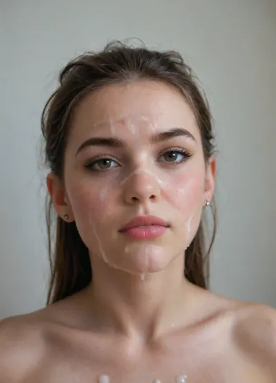 Ultra-realistic portrait, ((macro Closeup bukkake face)), camera very very close to face, of a athletic, slender natural beauty supermodel with pale skin drenched in semen from face to body, long dark brown hair styled in a thick ponytail, black hair tie, brown eyes, and subtle, decent makeup. Her face is softly oval, framed by natural brows and a Apologetic, regretful face expression, thick semen is Apologetic from her lips, she has several shots of Cum semen on her face, The scene is set in a stylish, avant-garde urban workout gym lounge with innovative architecture, 8k., facialized, superfacialized, bukkake, <lora:facialized:.8>, <lora:JustCum:.8>, <lora:cum_in_eye_deepmind:.8>