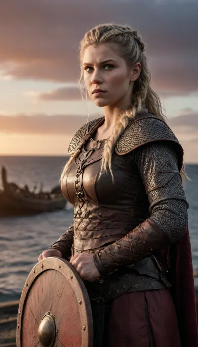 lagertha lothbrok, bloody, Vikings, norway, longboat, axe and shield, Sunset