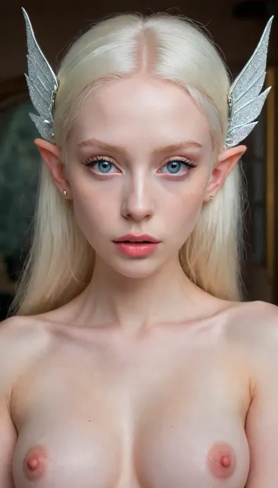 ZipRealism, (avant-garde high fashion esthetic, high saturation, high contrast, closeup:1.4), (silver-blonde hair, hair glow, tiara:1.2), (fashion pose, glamor shot, regal), (elf queen, pointy ears, fairy wings, pale skin, albino, light eyebrows, white mascara, white eyeliner:1.4), (thin body, model body, angular features, chiselled cheekbones, long face), (focus on eyes, expressive eyes, enchanting eyes, Fae eyes, catchlights, limbal rings), (topless, pale nipples, soft breasts:1.6), (ring lighting, analog lens), igbaddie, <lora:igbaddie-XL:.8>