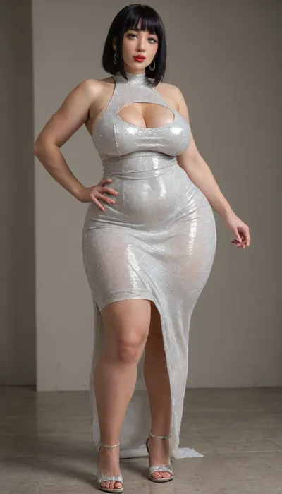 Naruto, Hinata Hyuuga, female, attractive girl, huge hips, huge breast, pretty, juicy lips, red lipstick, full-length, (cellulite), massive ass, WHITE bodycon closed dress, Sequins on the dress