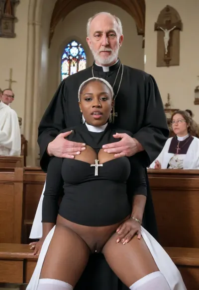 Hard sex scene, two hot ebony nuns, (pulled up dress to expose naked pussy), (black), huge fat round ass skinny waist huge fat ass extra thick big lips Lady fucking with the church priest, (old black priest man), hardcore, hot sex scene, (nun outfit exposing tits and ass), (priest old man:1.6), old church priest, (dressed in formal priest outfit), fucking lady big cock, big balls, big boobs, nice pussy, hard fuck, on bench in church, cinematic, (interracial), (gangbang), (looking up at a cross in the church)