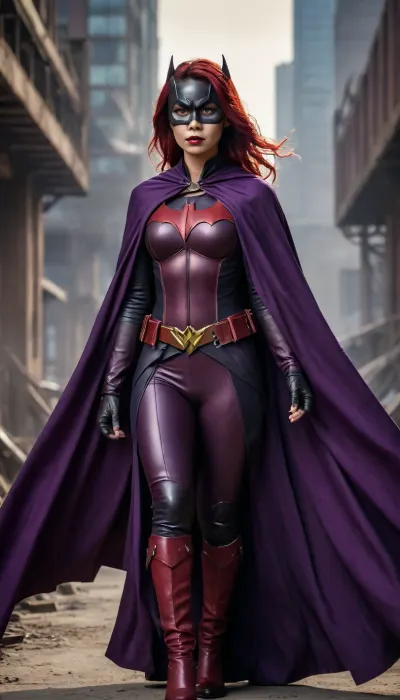 Batwoman, post-apocalyptic steampunk Asian, steampunk Batwoman, long deep purple cape.