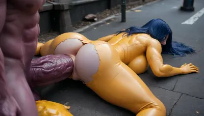 (((High quality, cinematic, sex scene, dark city background)), ((character A, long hair, blue hair, curvy female, pale skin, screaming, (blue yellow bodysuit), bodysuit ripped apart showing ass and pussy, superhero)), ((character B is a muscular mutant monster, purple skin, character B has 2 gigantic cocks)), ((character A laying on her stomach, on the, (street), floor, character B is fucking character A with both cocks, (monster cock in ass, monster cock in pussy)))), <lora:XmenCelshade_XL_01_dadapt_cos_1e-7:1>, <lora:SDXLHighDetail_v6-000005:2>