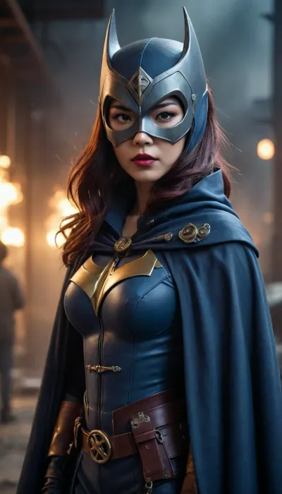 Asian steampunk Batwoman, from a post-apocalyptic world, has a long, deep blue-gray cape and mask.
