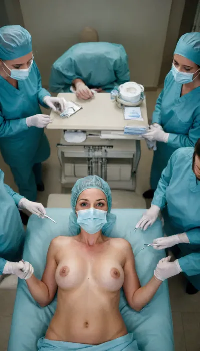 woman, Sexy sensuous surgeons wearing masks and scrubs with open jackets revealing natural naked breasts, surgery, wielding scalpels, surgical caps, surgical assistants, surgical lamp, patient, operating table, view from above