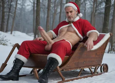 total view, 1 handsome toned Santa Claus man, sitting leaned back in a big open sleigh, defind abs, curtain opend, redpants opened, showing his face and huge 14 inch long dick, hard erected veiny cock, (face and cock), black boots, winter landscape, photorealistic