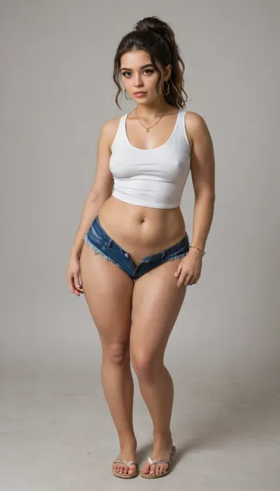 Full body in view, wide shot, 33 year old chubby curvy sexy Latina milf with small tits, mommy, brown eyes, brown hair with blonde highlights pulled back into ponytail with messy bangs, wearing makeup, short in height, she has very wide hips with a very wide bbl ass, b cup tits, very small retrousse breast, almost no breasts, very small tits, she has thick voluptuous short leg, she has a beautiful perfect round bubble butt with dimples, bbl, natural small perky breasts, very small boobs, small natural breasts, Latina tits, small breasts, she has beautiful feet and perfect toes, painted toe nails, painted nails, wearing gold necklace, wearing dangly earrings, wearing a loose fitting cropped tank top with no bra underneath, wearing cute loose shirt, not nude, wearing small cute unbuttoned shorts with a camel toe and nice lips, wearing flip flops, wearing sandals, barefoot, ankle bracelet on, on her knees, sitting on her legs, sitting on her knees looking busy, slightly standing to the side, sucking a big cock of a man with face out of camera, sucking dick hard, one hand on dick while sucking it