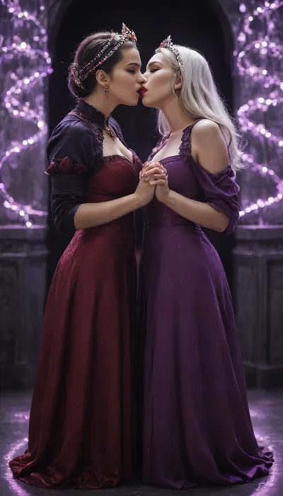 ((Hyper-detailed style:1.8)), Full body detailed hyper realistic natural petite cutie, (young:1.65), hyper-detailed 18 years old beautiful vampire queen, (very slim), queen’s bedroom, very detailed face, (pale woman with straight white hair, red eyes:1.3), luxurious headband in the style of dark fantasy, highly detailed thin luxurious revealing vampire queen red and purple dress in the style of a dark fantasy, symmetrical epic fantasy art, closed eyes, dark fantasy, purple lights, neon, colorful, high detail, impeccable image quality, ultrarealism, 1girl, 1boy, completely in frame, full-length, ((lesbian girl lips locked in a passionate kiss with a girl dressed in peasant attire)), kissing, lips touching, perfect image, high-definition, anatomically correct, height difference, <lora:Consistency Corrector XL V2:2>