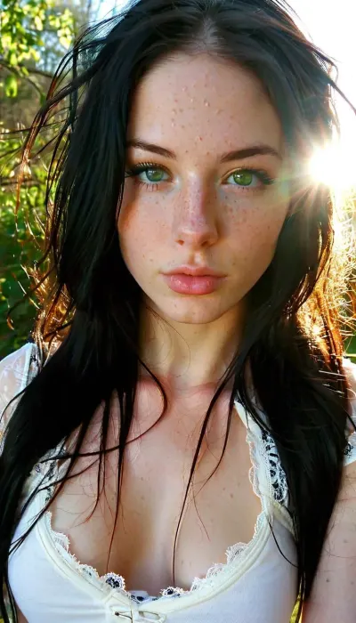 24 year old emo with very sexy, girl wearing snug clothing accentuating her big and sexy bust bcy chest, snug shirt that makes her boobs look very big, blue shiny eyes, (facial cumshot semen around mouth:1.5), (sperm shot on face:1.5), extremely sexual curves, tiny waist, tight waist, microwaist, large bust, wide hips, fertile hips, skinny and lean physique. Sensual Emo female body. Long black hair framing a cute freckled face, very long straight flat hair, freckled face, freckled cheeks, beautiful freckles. Has green colored eyes, white shirt with black lace sleeves, early 2000's emo attire, wearing emo clothing from the early 2000', ripped skinny jeans, sunbeams lighting playing on hair and skin, natural lighting, key light, side light, . early 2000's Myspace profile pic selfie, kissy face selfie, standing up, good posture, location outdoor park with trees in spring, score_10_up, score_9_up, score_8_up, score_7_up., <lora:add-detail-xl:2>, <lora:MJ52:2>, <lora:WildcardX-XL-Detail-Enhancer:2>, <lora:Adjust_SDXL_v3.0:2>, <lora:eGirls_XL_v1:2>