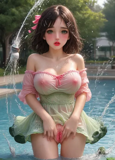 (excellent image quality), totally naked 18 year old girl, red sleek hair in braid, thing eyebrows, pornstar blue eyeshadow, green iris, (wide hips:1.2), (wasp waist:1), (massive natural breasts:1.1), (pink labia:1.3), Her moaning is warm and inviting, her eyes sparkling with joy, excessive milk on breasts, milk on face, messy hair, (ruined makeup), ((exposed pussy)), (open pussy with lipstick), artoflips, uoclips, lips, lipstick, art, of, (((looking, viewer))), (((splash, pad))), ((spray, water)), ((wet, body)), off, shoulder, see, through, dress, miniskirt, wind, park, trees, fluttering, hair, ribbon, drooling, sweat, shy, blush, open, mouth, moist, skin, underboob, <lora:8_Lips:1.1>, <lora:Lip_Gloss_sexy_lips_by_DarkEffect:1.5>, <lora:Art_Of_Lips_PONY_XL_By_UOC:2>, <lora:girllikesplashpad_sdxl:.8>