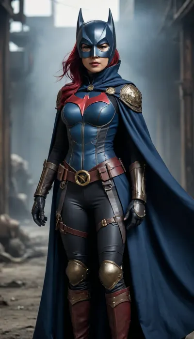 Asian steampunk Batwoman, from a post-apocalyptic world, has a long, deep blue-gray cape and mask.