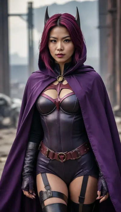 Batwoman, post-apocalyptic steampunk Asian, steampunk Batwoman, long deep purple cape.