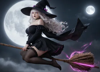 (25 middle years:2), (white Woman), (white pale skin:1.5), (glowing purple eyes:1.4), (Beautiful eyes:1.6), (ultra-realistic), (best quality), (best lighting), (Chubby body:1.2), (wavy hair:1.4), (long hair:.8), (glowing white hair:1.4), (big breast:1.2), (wide hip:1.2), (big ass:1), (big thigh:1.2), (blush:1.3), (smile), (black lipstick:1.4), (black Witch's dress:1.4), (black witch's hat:1.4), (middle skirt:1.6), (black sleeve:1.4), (long bishop sleeve:1.4), (off-shoulder:1.4), (black choker:1.4), (black stockings:1.5), (long bangs:1.8), (flying on a broomstick:1.4), (moon:1.4), side view, full body