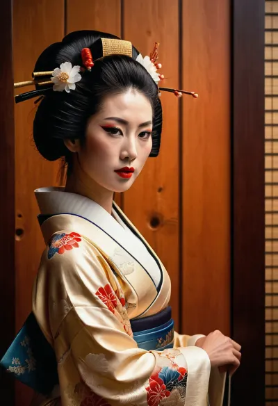 A sexy Japanese geisha woman from Edo, depicted on a, (wood panel:1.4), in the ukiyo-e style.