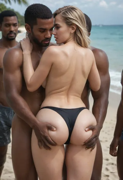 (1 woman+ 2 men of African race), A tall curvy cute very beautiful 37-year-old long light blonde hair thick & curvy Russian innocent married MILF in a in The black swimsuit bikinis stands with a 2 short depraved short African young adults and hugs his neck On beach, (the innocent woman passionately looking at shorter than her African young adults), orgasm on face, open mouth, The chest is large, ((the young men's hand in panties on the woman's bottom)), fingering, ((2 naked really short young adult African men rough strong groping her large bubble ass)), grouping grabbing her big bubble ass, rear view, High detail, excellent image quality