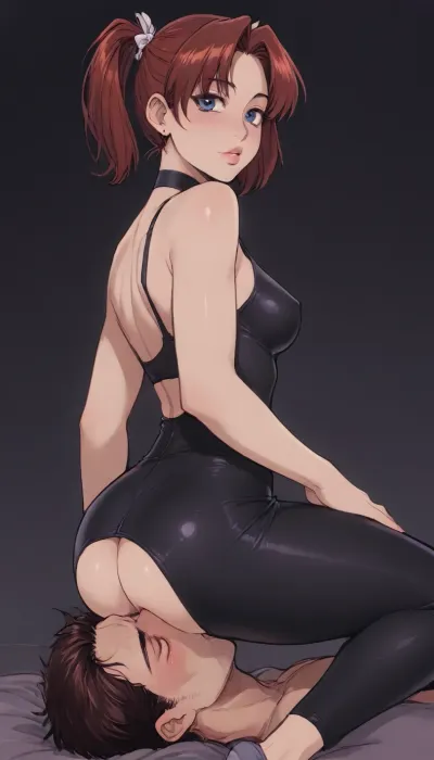 ((Melkor mancin style)), reiq style, at the gym, short brown hair in breaided pigtails, small nose, small chin, big blue eyes, ((sitting on a men's face:1.5)), man forced to lick pussy, face-sitting, pussy eating, horny girl, firm breasts, from side, latex yoga pants, ass pants, ass cleavage, ass cutout dress, crotchless pants, hotsquat, cunnilingus, ratatatat74, lineart, line, art, flat, colors, color, <lora:ratatatat74-000050:1.9>, <lora:lineartSDXL:1.2>, <lora:NEOTOKIOXL_0.2_RC:.8>, <lora:1990s ShoujoManga Anime Style [XLlora]:1.8>, <lora:mk_Bp Anime_xl:1.7>