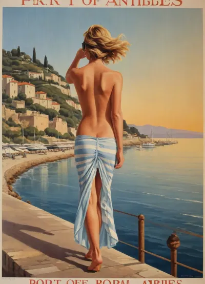 nude woman stands on stone pier, back to viewer, waving to yacht in the distance, (yacht in background:1), (Port of Antibes:1), (rising sun:.8), sunglasses, stripe flowing skirt and see-thru bikini top, hurricane-force winds, Long azure hair, hair blows in wind, wind blows her dress open, sea with white cresting waves, vintage poster style, contest winner, figurative art, golden hour, highly detailed travel poster, (in the style of Rogers Broders:.1), (TITLE text, "Port of Antibes":1.4), text, as, "Port of Antibes", style_brush, style_bebas, <lora:ihap_xl:.4>, <lora:textxl:1.6>